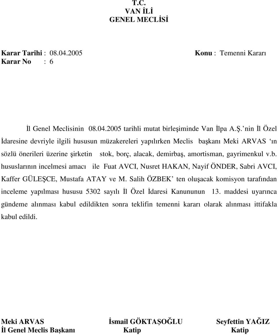 demirbaş, amortisman, gayrimenkul v.b. hususlarının incelmesi amacı ile Fuat AVCI, Nusret HAKAN, Nayif ÖNDER, Sabri AVCI, Kaffer GÜLEŞCE, Mustafa ATAY ve M.