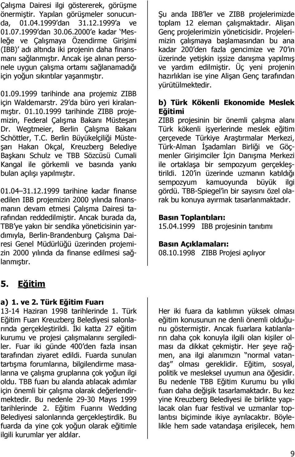 Ancak işe alınan personele uygun çalışma ortamı sağlanamadığı için yoğun sıkıntılar yaşanmıştır. 01.09.1999 tarihinde ana projemiz ZIBB için Waldemarstr. 29 da büro yeri kiralanmıştır. 01.10.