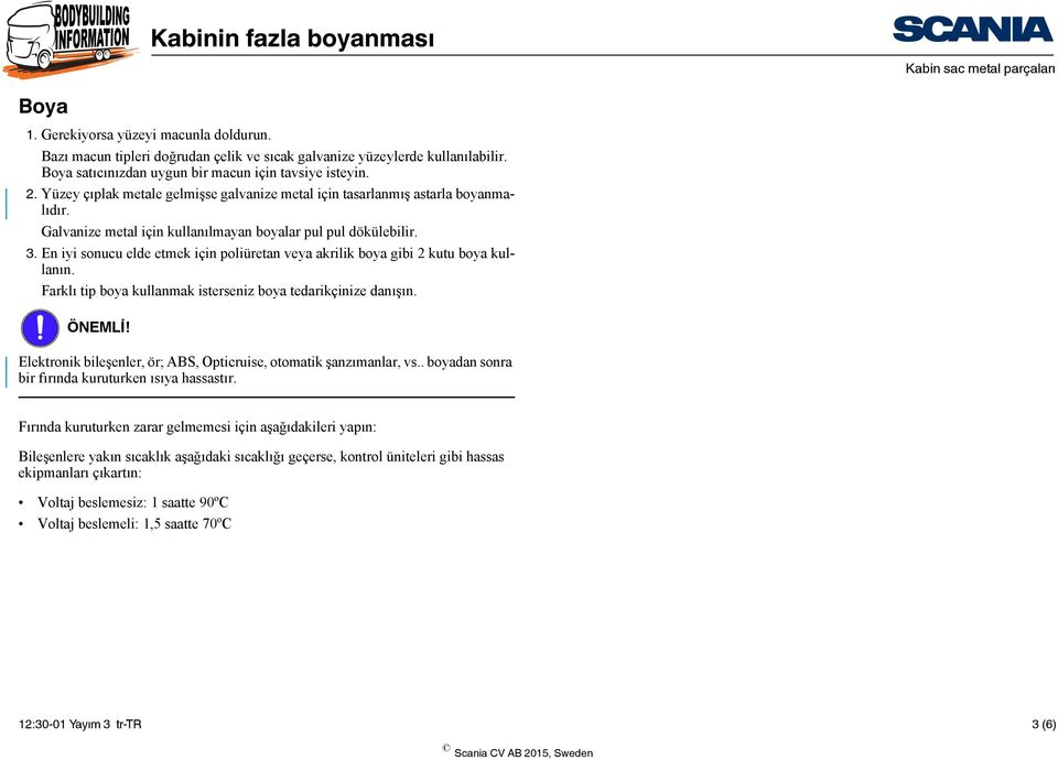 En iyi sonucu elde etmek için poliüretan veya akrilik boya gibi 2 kutu boya kullanın. Farklı tip boya kullanmak isterseniz boya tedarikçinize danışın. ÖNEMLİ!