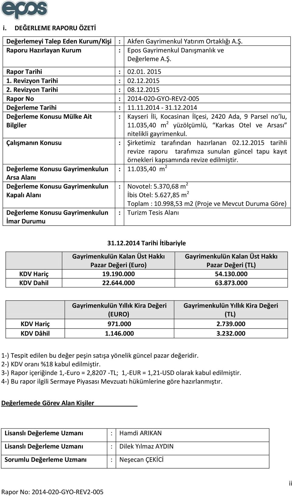 035,40 m 2 yüzölçümlü, Karkas Otel ve Arsası nitelikli gayrimenkul. Çalışmanın Konusu : Şirketimiz tarafından hazırlanan 02.12.