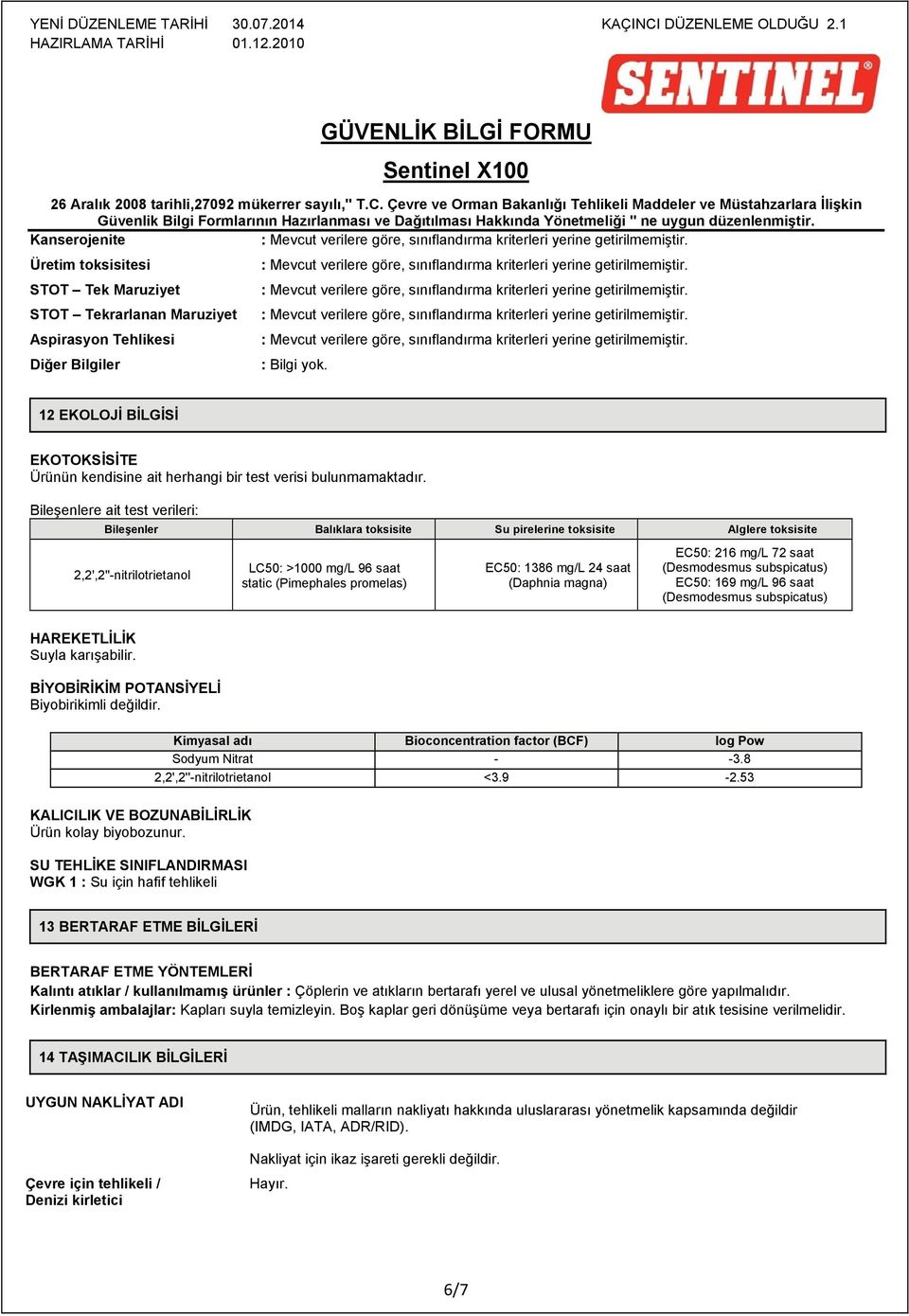 Bileşenlere ait test verileri: Bileşenler Balıklara toksisite Su pirelerine toksisite Alglere toksisite 2,2',2''-nitrilotrietanol LC50: >1000 mg/l 96 saat static (Pimephales promelas) EC50: 1386 mg/l