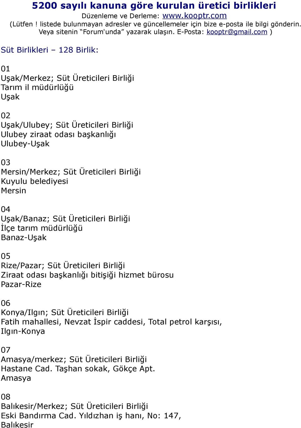 com ) Süt Birlikleri 128 Birlik: 01 Uşak/Merkez; Süt Üreticileri Birliği Tarım il müdürlüğü Uşak 02 Uşak/Ulubey; Süt Üreticileri Birliği Ulubey ziraat odası başkanlığı Ulubey-Uşak 03 Mersin/Merkez;