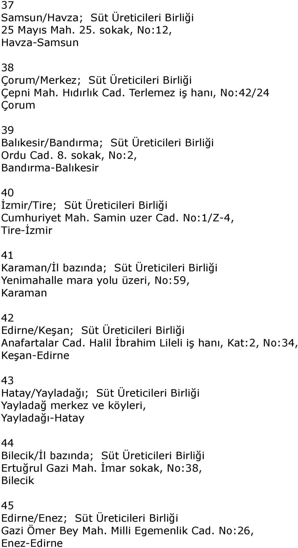 No:1/Z-4, Tire-İzmir 41 Karaman/İl bazında; Süt Üreticileri Birliği Yenimahalle mara yolu üzeri, No:59, Karaman 42 Edirne/Keşan; Süt Üreticileri Birliği Anafartalar Cad.