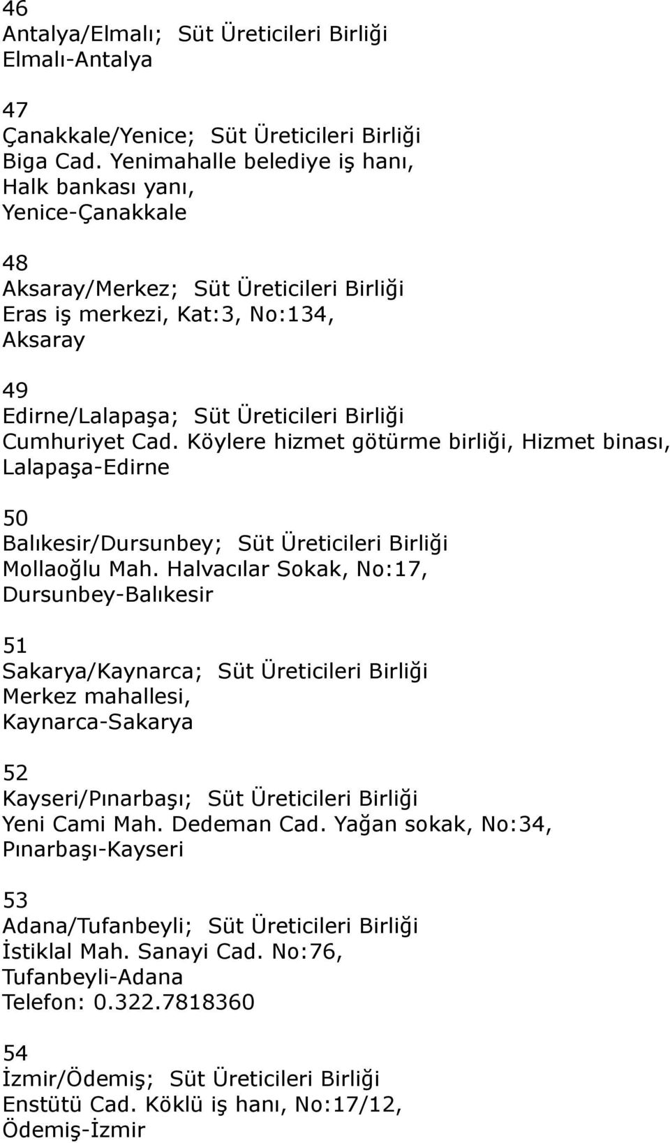 Cumhuriyet Cad. Köylere hizmet götürme birliği, Hizmet binası, Lalapaşa-Edirne 50 Balıkesir/Dursunbey; Süt Üreticileri Birliği Mollaoğlu Mah.