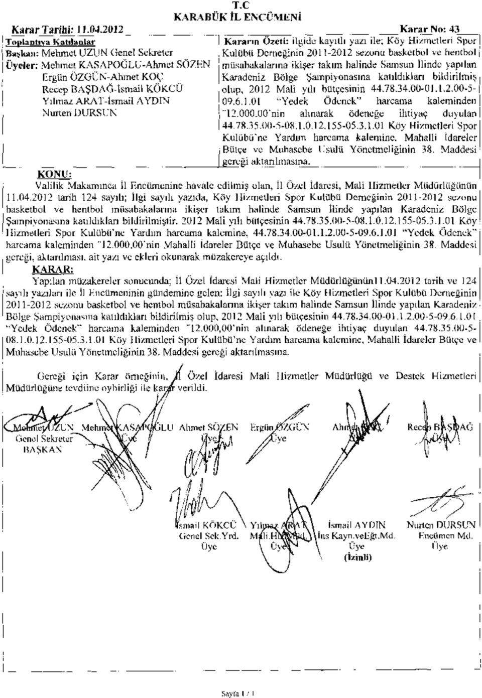 müsabakalarına ikişer takım halinde Samsun İlinde yapılan Karadeniz Bölge Şampiyonasına katıldıkları bildirilmiş olup, 2012 Mali yılı bütçesinin 44.78.34.00-01.1.2.00-5- 09.6.1.01 Yedek Ödenek harcama kaleminden 12.