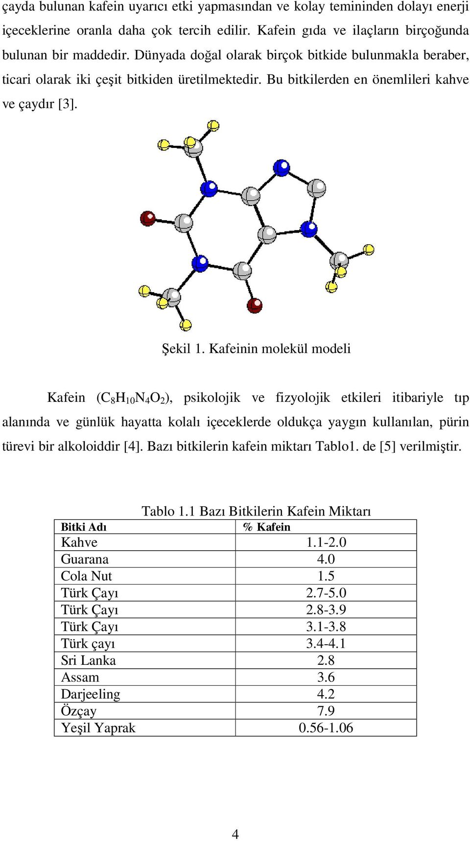 Kafeinin molekül modeli Kafein (C 8 H 10 N 4 O 2 ), psikolojik ve fizyolojik etkileri itibariyle tıp alanında ve günlük hayatta kolalı içeceklerde oldukça yaygın kullanılan, pürin türevi bir