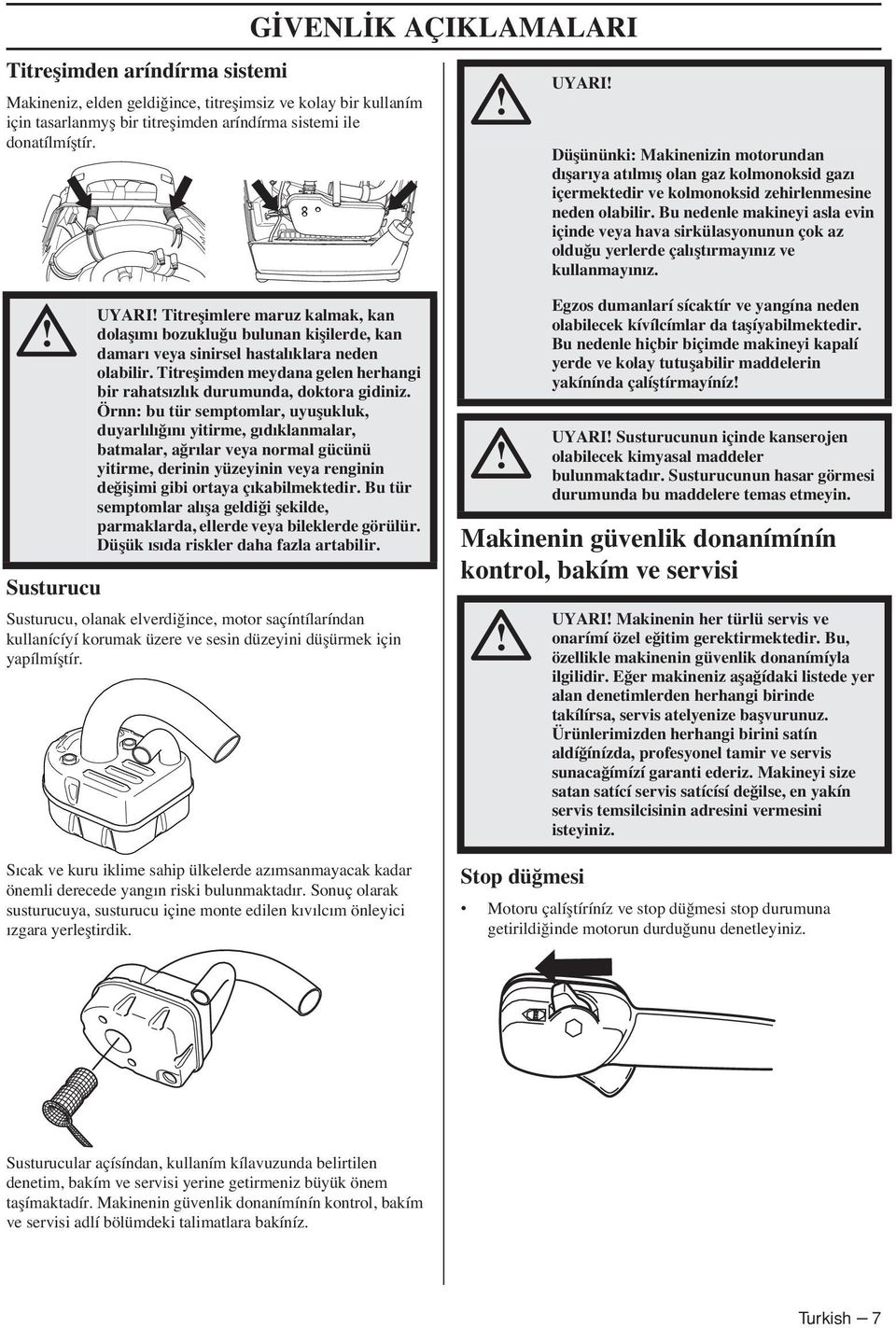 Bu nedenle makineyi asla evin içinde veya hava sirkülasyonunun çok az oldu u yerlerde çalıfltırmayınız ve kullanmayınız.