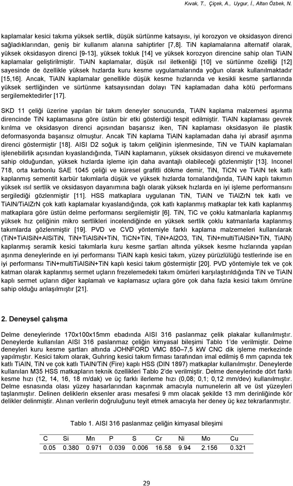 kaplamalar, düşük ısıl iletkenliği [10] ve sürtünme özelliği [12] sayesinde de özellikle yüksek hızlarda kuru kesme uygulamalarında yoğun olarak kullanılmaktadır [15,16].