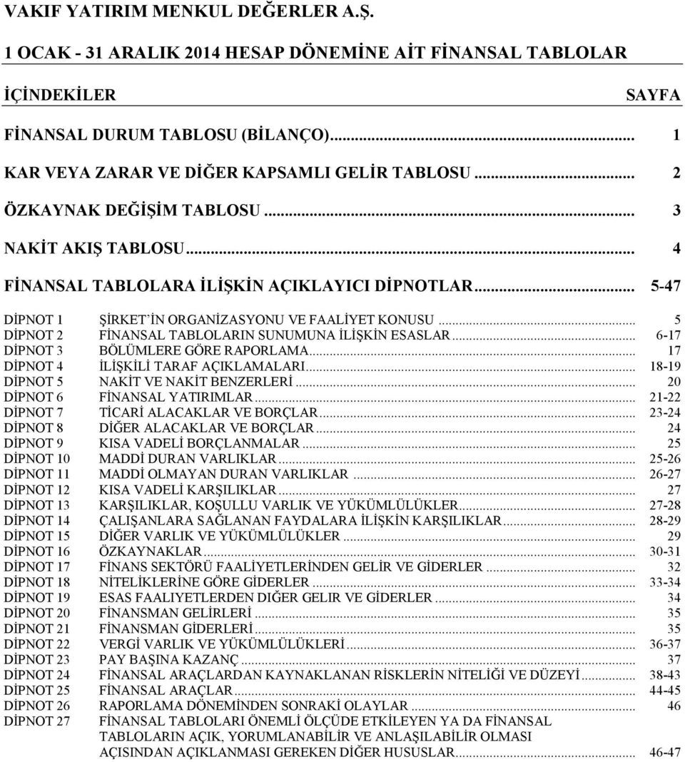 .. 17 DİPNOT 4 İLİŞKİLİ TARAF AÇIKLAMALARI... 18-19 DİPNOT 5 NAKİT VE NAKİT BENZERLERİ... 20 DİPNOT 6 FİNANSAL YATIRIMLAR... 21-22 DİPNOT 7 TİCARİ ALACAKLAR VE BORÇLAR.