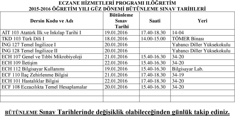 01.2016 15.40-16.30 Bilgisayar Lab. ECF 110 İlaç Zehirlenme Bilgisi 21.01.2016 17.40-18.