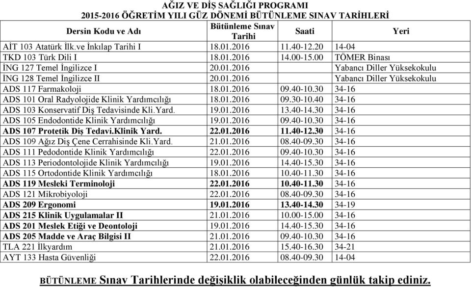 40-12.30 34-16 ADS 109 Ağız Diş Çene Cerrahisinde Kli.Yard. 21.01.2016 08.40-09.30 34-16 ADS 111 Pedodontide Klinik Yardımcılığı 22.01.2016 09.40-10.