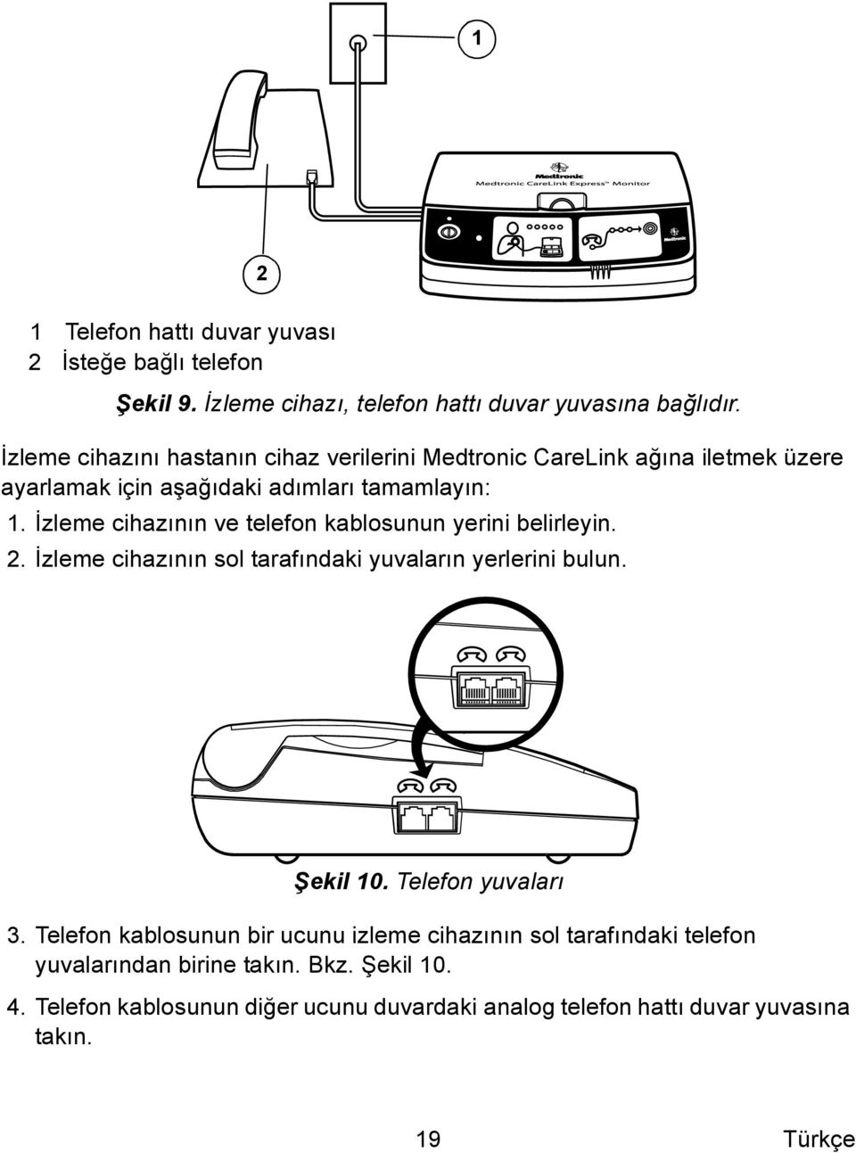 İzleme cihazının ve telefon kablosunun yerini belirleyin. 2. İzleme cihazının sol tarafındaki yuvaların yerlerini bulun. Şekil 10. Telefon yuvaları 3.