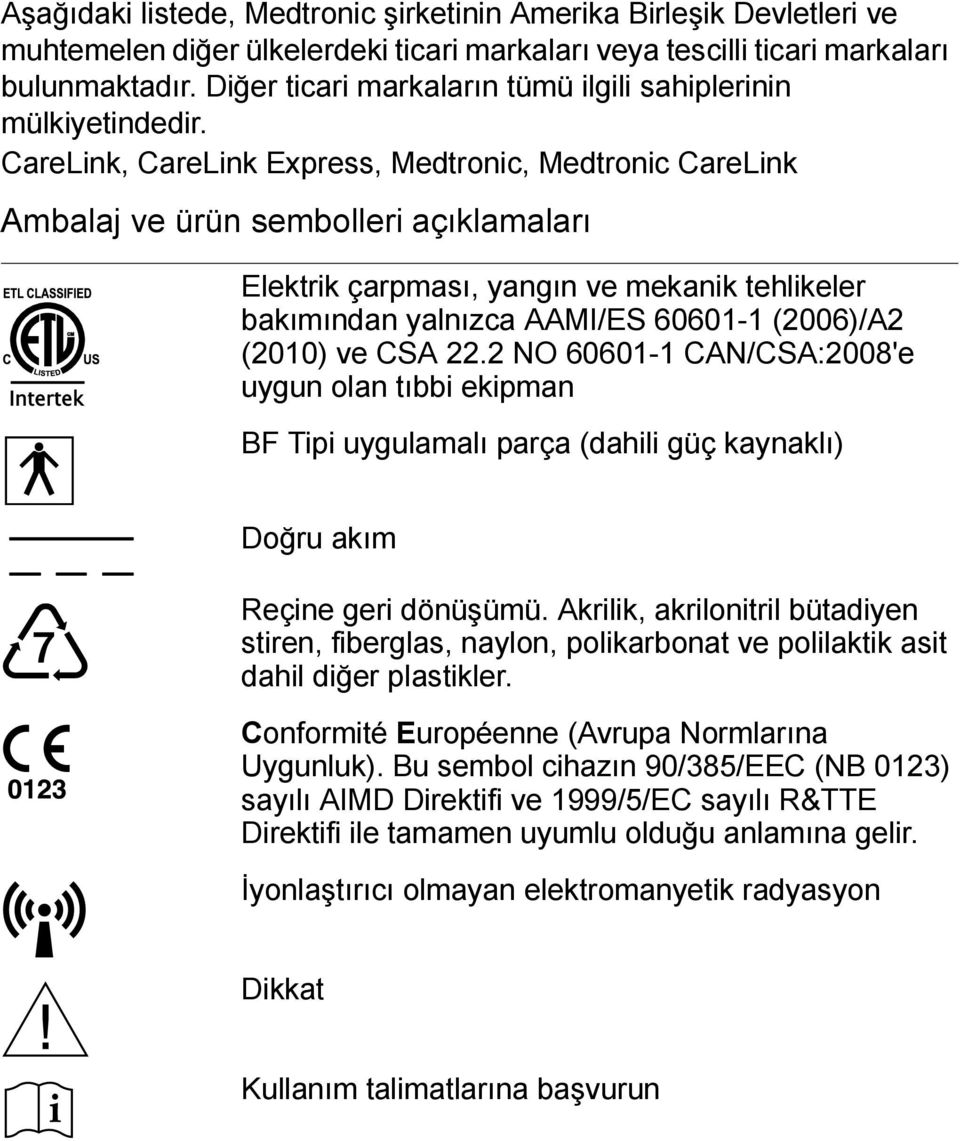 CareLink, CareLink Express, Medtronic, Medtronic CareLink Ambalaj ve ürün sembolleri açıklamaları Elektrik çarpması, yangın ve mekanik tehlikeler bakımından yalnızca AAMI/ES 60601-1 (2006)/A2 (2010)