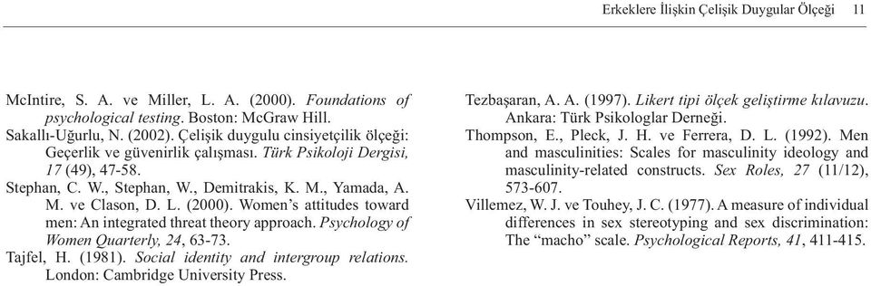 Women s attitudes toward men: An integrated threat theory approach. Psychology of Women Quarterly, 24, 63-73. Tajfel, H. (1981). Social identity and intergroup relations.