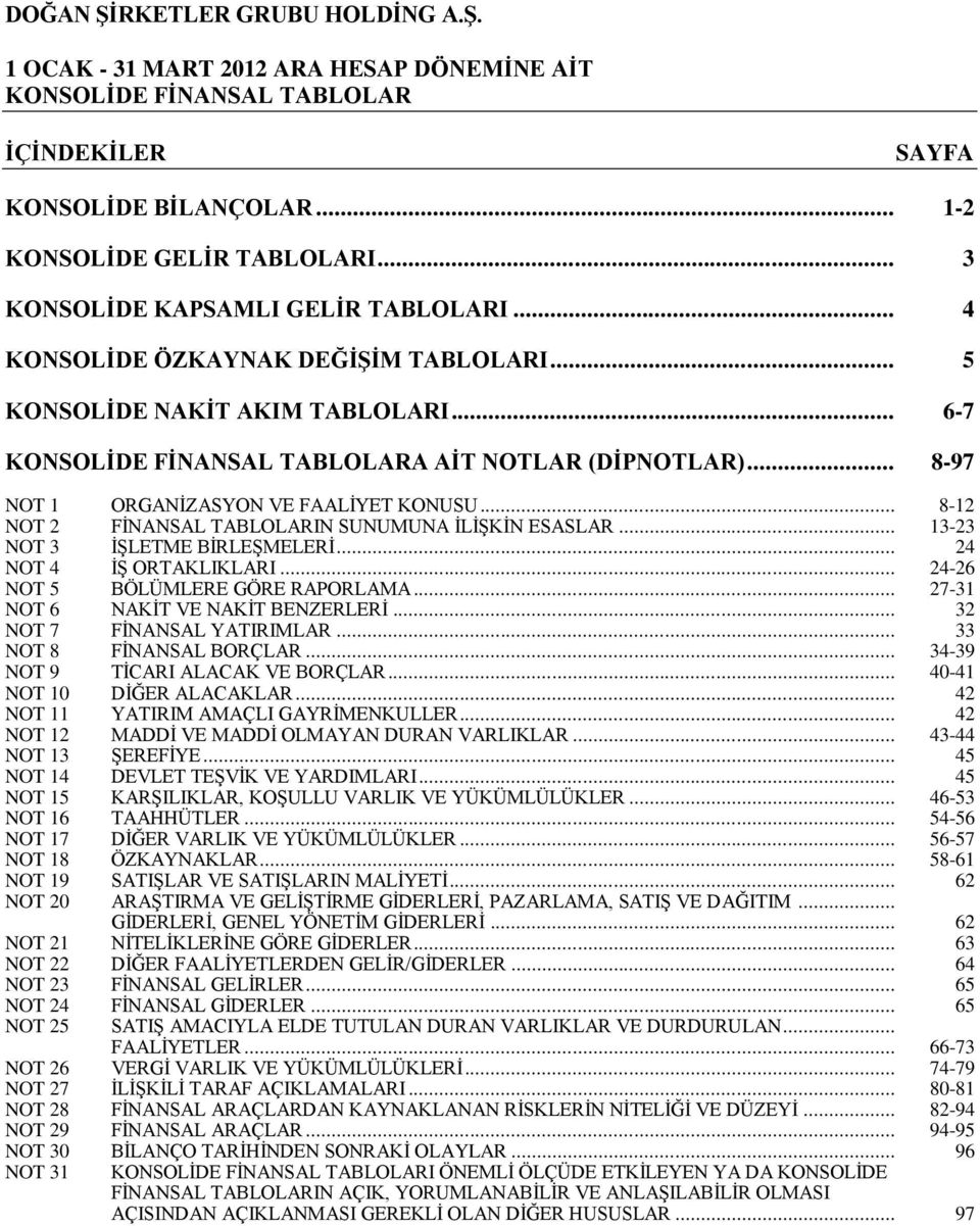 .. 8-12 NOT 2 FİNANSAL TABLOLARIN SUNUMUNA İLİŞKİN ESASLAR... 13-23 NOT 3 İŞLETME BİRLEŞMELERİ... 24 NOT 4 İŞ ORTAKLIKLARI... 24-26 NOT 5 BÖLÜMLERE GÖRE RAPORLAMA.