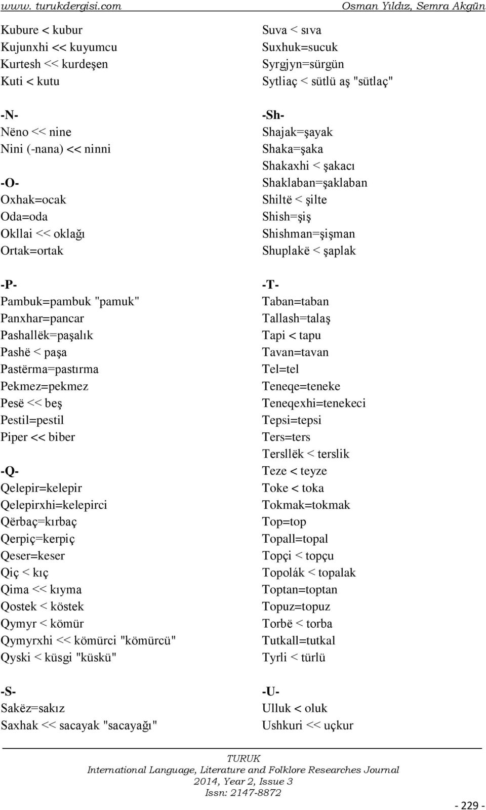 Panxhar=pancar Pashallëk=paşalık Pashë < paşa Pastërma=pastırma Pekmez=pekmez Pesë << beş Pestil=pestil Piper << biber -Q- Qelepir=kelepir Qelepirxhi=kelepirci Qërbaç=kırbaç Qerpiç=kerpiç Qeser=keser