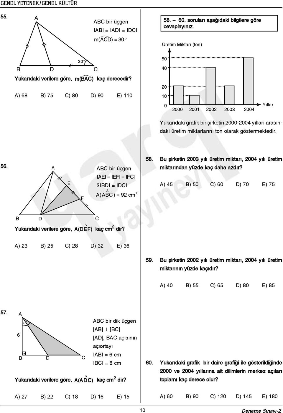 A E F ABC bir üçgen IAEI = IEFI = IFCI 3IBDI = IDCI 2 A(ABC) = 92 cm 58. Bu þirketin 2003 yýlý üretim miktarý, 2004 yýlý üretim miktarýndan yüzde kaç daha azdýr?