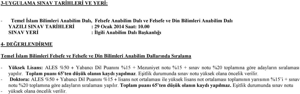 %15 + Mezuniyet notu %15 + sınav notu %20 toplamına göre adayların sıralaması yapılır. Toplam puanı 65 ten düşük olanın kaydı yapılmaz. Eşitlik durumunda sınav notu yüksek olana öncelik verilir.