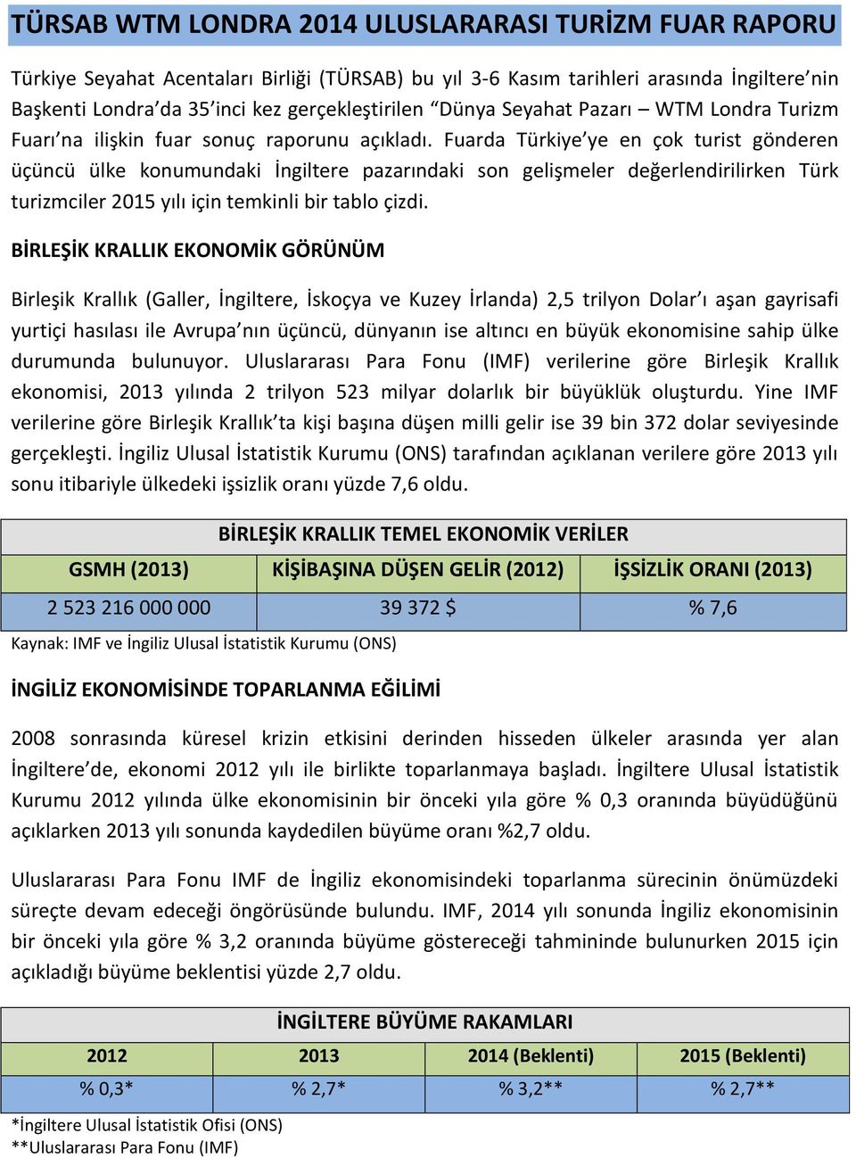 Fuarda Türkiye ye en çok turist gönderen üçüncü ülke konumundaki İngiltere pazarındaki son gelişmeler değerlendirilirken Türk turizmciler 2015 yılı için temkinli bir tablo çizdi.