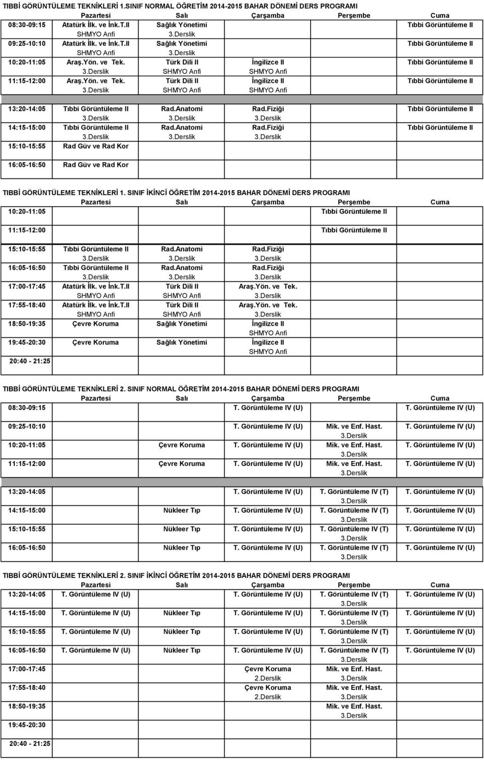 Fiziği Tıbbi Görüntüleme II 14:15-15:00 Tıbbi Görüntüleme II Rad.Anatomi Rad.Fiziği Tıbbi Görüntüleme II 15:10-15:55 Rad Güv ve Rad Kor 16:05-16:50 Rad Güv ve Rad Kor TIBBİ GÖRÜNTÜLEME TEKNİKLERİ 1.