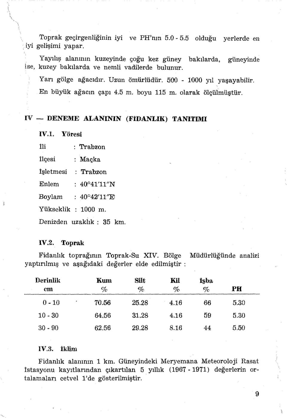 IV - DENEME AL ANININ (FtDANLIK) TANITIMI IV.l. Yöresi İli ilçesi İşletmesi Enlem Boylam : Trabzon : Maçka : Trabzon 40 41'11"N 40 42'11"E Yükseklik : 1000 m. Denizden uzaklık : 35 km. IV.2. Toprak Fidanlık toprağının Toprak-Su XIV.