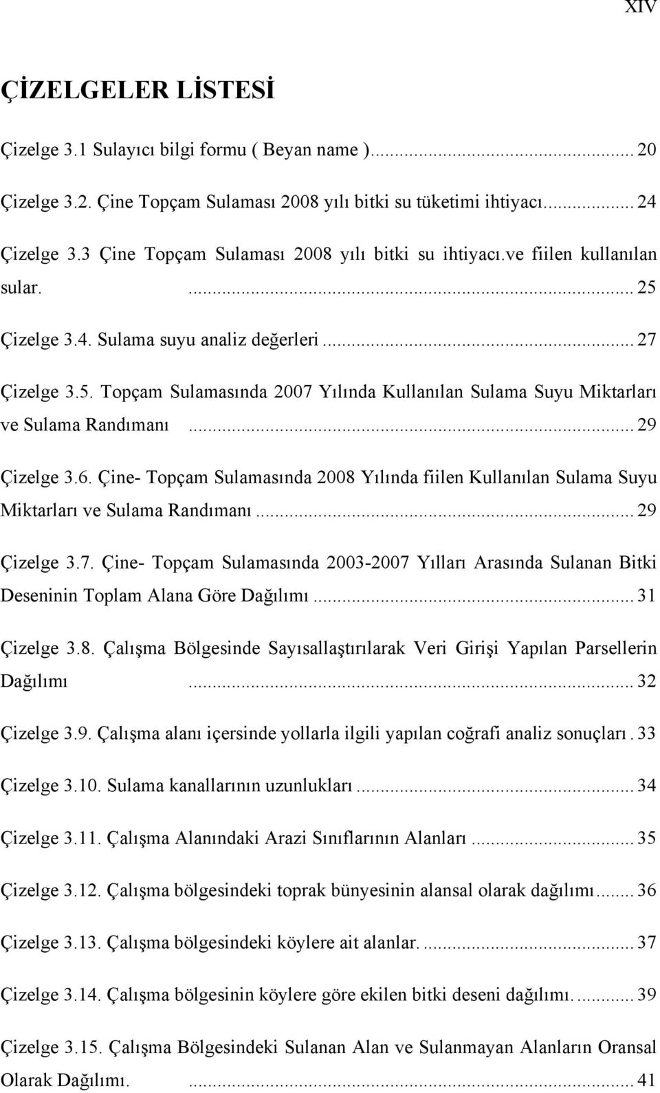 .. 29 Çizelge 3.6. Çine- Topçam Sulamasında 2008 Yılında fiilen Kullanılan Sulama Suyu Miktarları ve Sulama Randımanı... 29 Çizelge 3.7.