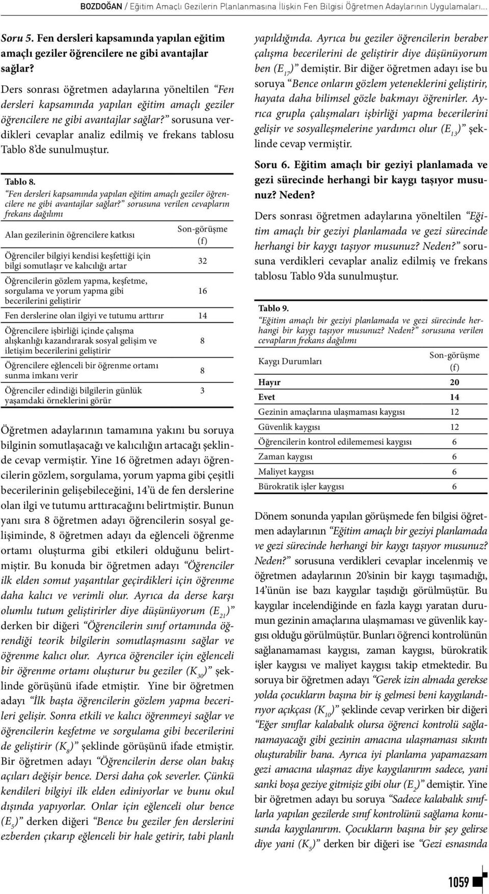 sorusuna verdikleri cevaplar analiz edilmiş ve frekans tablosu Tablo 8 de sunulmuştur. Tablo 8. Fen dersleri kapsamında yapılan eğitim amaçlı geziler öğrencilere ne gibi avantajlar sağlar?