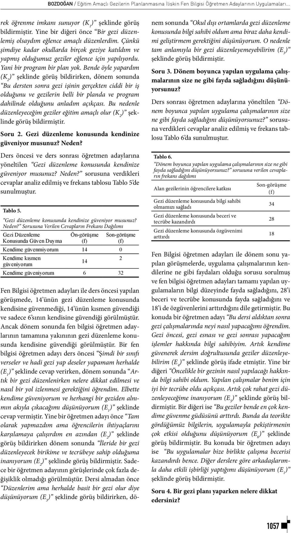 Bende öyle yapardım (K 2 ) şeklinde görüş bildirirken, dönem sonunda Bu dersten sonra gezi işinin gerçekten ciddi bir iş olduğunu ve gezilerin belli bir planda ve program dahilinde olduğunu anladım