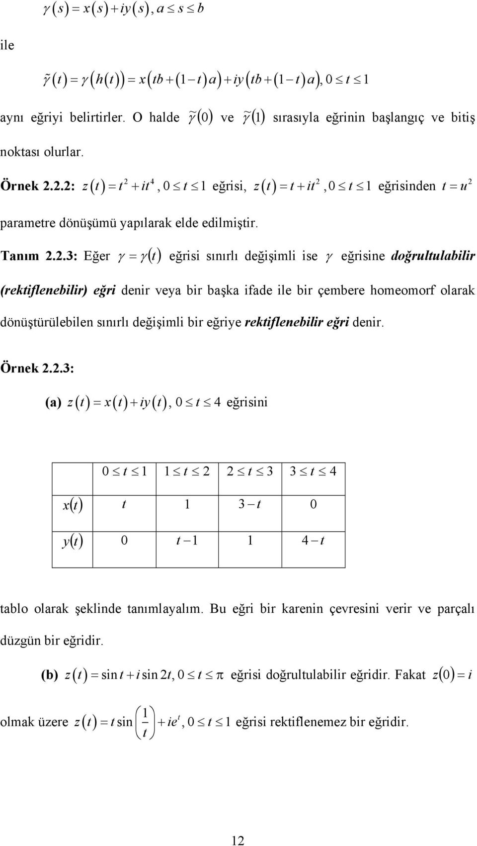 .3: Eğer () t eğrisi sıırlı değişimli ise eğrisie doğrultulbilir (retileebilir) eğri deir vey bir bş ide ile bir çembere homeomor olr döüştürülebile sıırlı değişimli bir eğriye