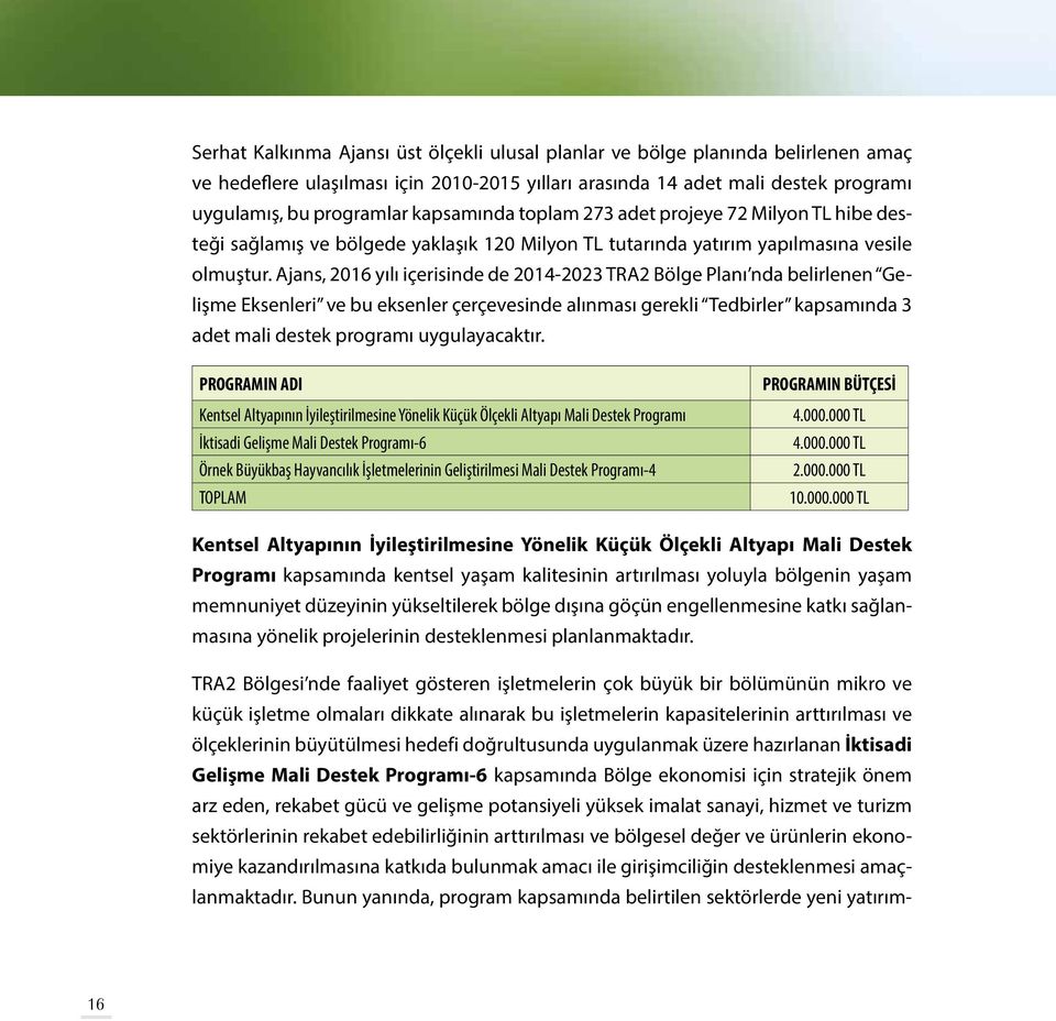 Ajans, 2016 yılı içerisinde de 2014-2023 TRA2 Bölge Planı nda belirlenen Gelişme Eksenleri ve bu eksenler çerçevesinde alınması gerekli Tedbirler kapsamında 3 adet mali destek programı uygulayacaktır.