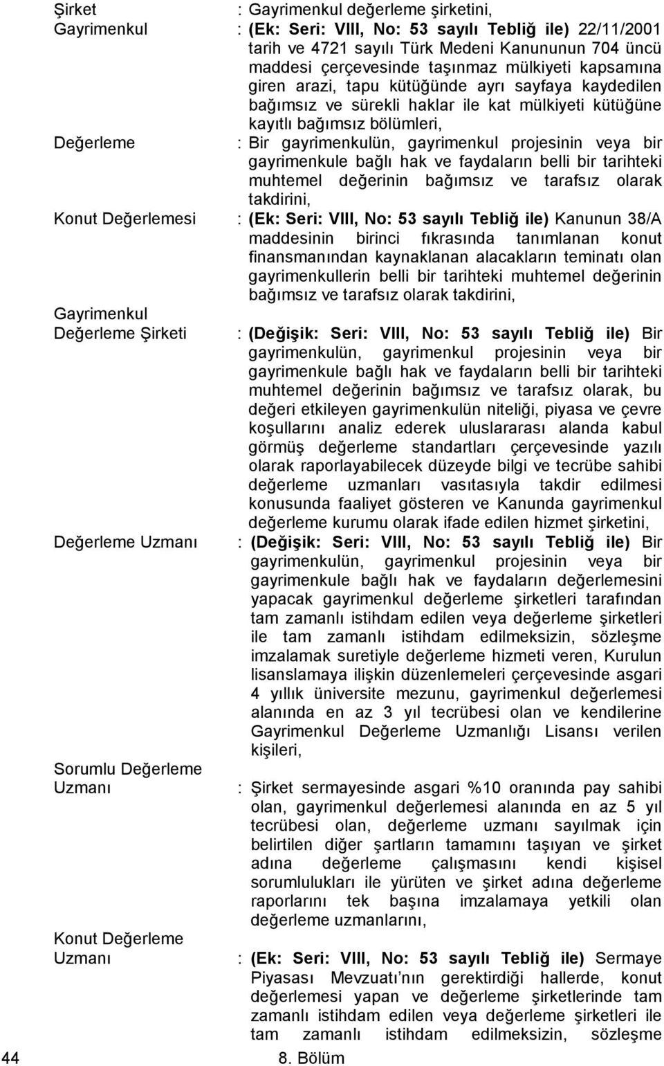 projesinin veya bir gayrimenkule bağlı hak ve faydaların belli bir tarihteki muhtemel değerinin bağımsız ve tarafsız olarak takdirini, Konut Değerlemesi : (Ek: Seri: VIII, No: 53 sayılı Tebliğ ile)