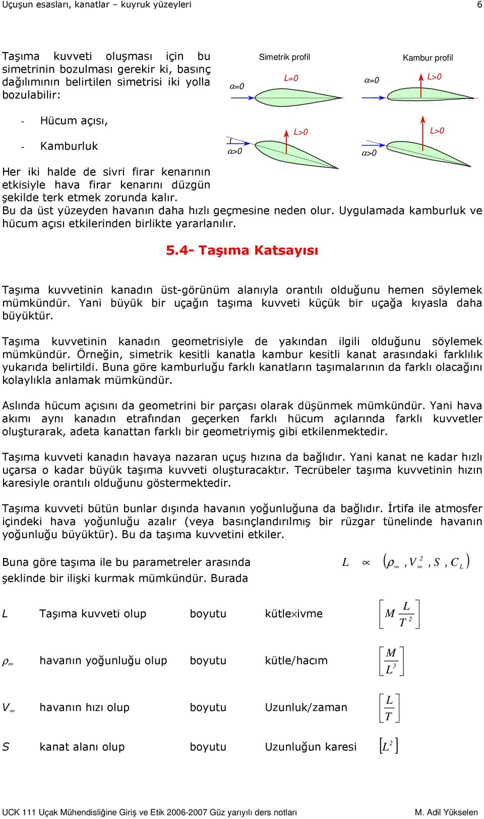 Uygulamada kamburluk ve hücum açısı etkilerinden birlikte yararlanılır. 5.4- Taşıma Katsayısı Taşıma kuvvetinin kanadın üst-görünüm alanıyla orantılı olduğunu hemen söylemek mümkündür.