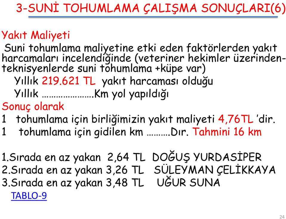 Km yol yapıldığı Sonuç olarak 1 tohumlama için birliğimizin yakıt maliyeti 4,76TL dir. 1 tohumlama için gidilen km.dır.