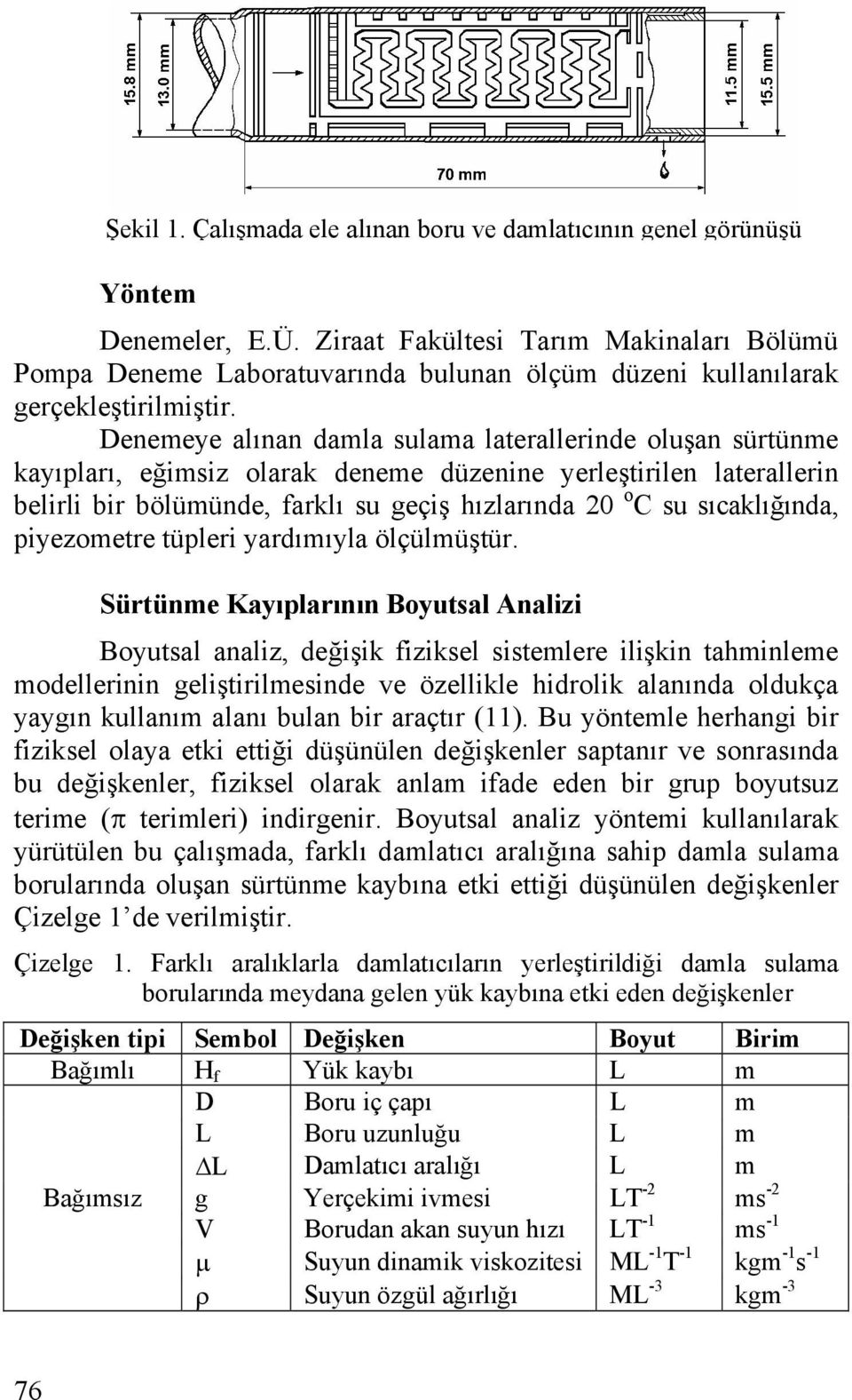 Denemeye alınan damla sulama laterallerinde oluşan sürtünme kayıpları, eğimsiz olarak deneme düzenine yerleştirilen laterallerin belirli bir bölümünde, farklı su geçiş hızlarında 20 o C su