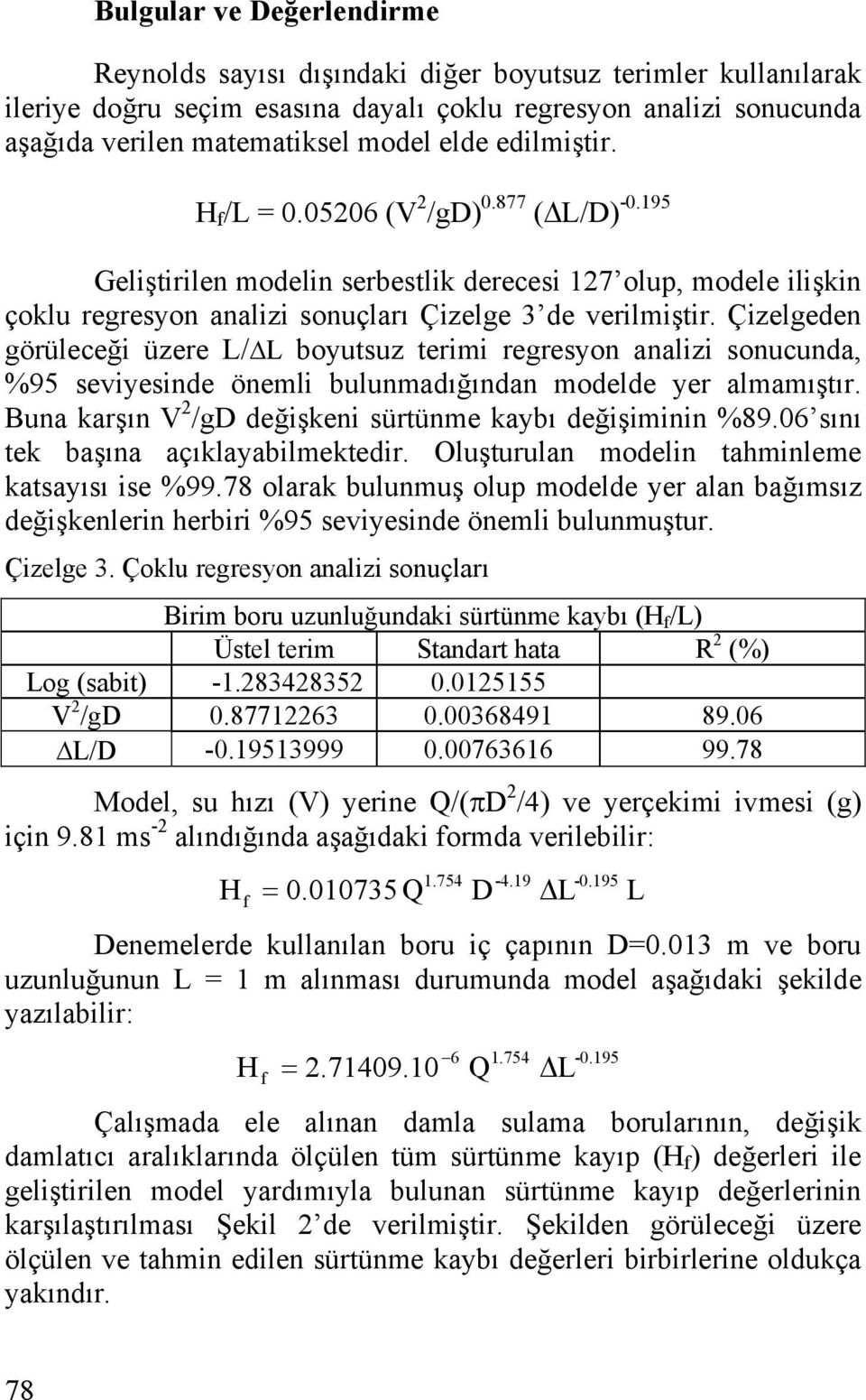 Çizelgeden görüleceği üzere L/ L boyutsuz terimi regresyon analizi sonucunda, %95 seviyesinde önemli bulunmadığından modelde yer almamıştır.