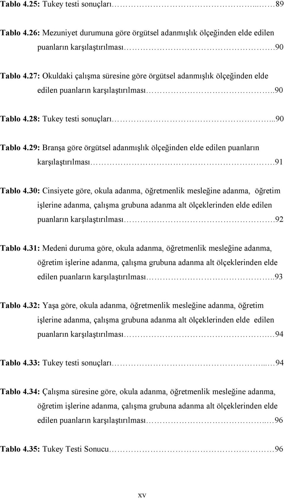 28: Tukey testi sonuçları...90 Tablo 4.29: Branşa göre örgütsel adanmışlık ölçeğinden elde edilen puanların karşılaştırılması.91 Tablo 4.