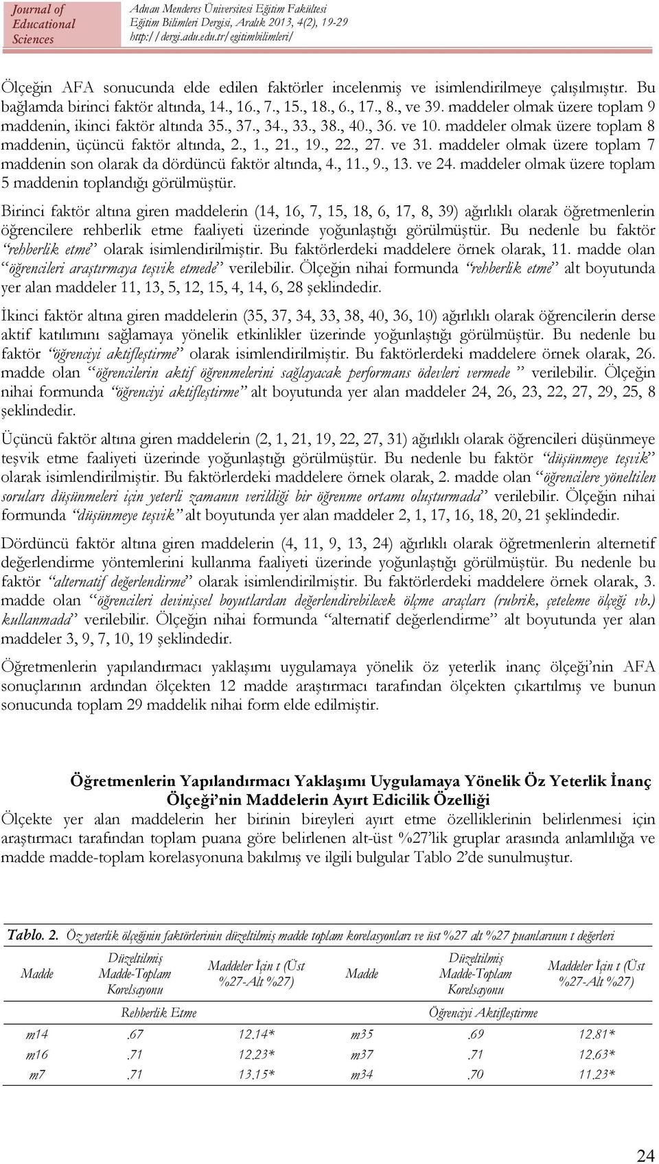 , 22., 27. ve 3. maddeler olmak üzere toplam 7 maddenin son olarak da dördüncü faktör altında, 4.,., 9., 3. ve 24. maddeler olmak üzere toplam 5 maddenin toplandığı görülmüştür.