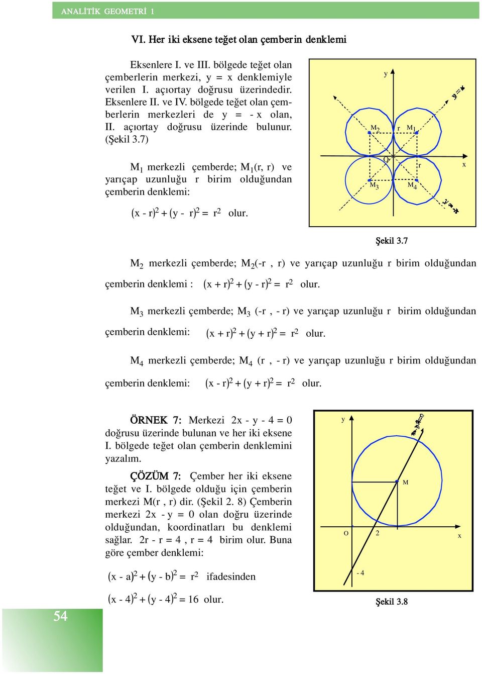 7) M 1 merkezli çemberde; M 1 (r, r) ve ar çap uzunlu u r birim oldu undan çemberin denklemi: - r + - r = r olur. M r M 1 r M 3 M 4 fiekil 3.