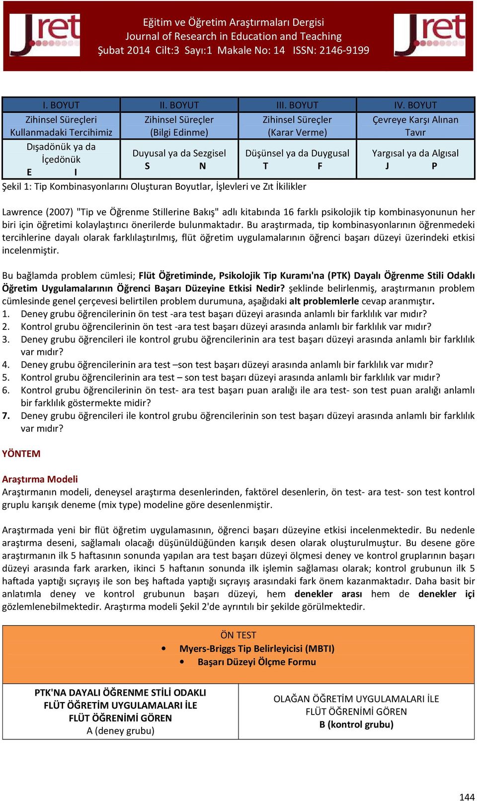 Duygusal Yargısal ya da Algısal İçedönük S N T F J P E I Şekil 1: Tip Kombinasyonlarını Oluşturan Boyutlar, İşlevleri ve Zıt İkilikler Lawrence (2007) "Tip ve Öğrenme Stillerine Bakış" adlı kitabında