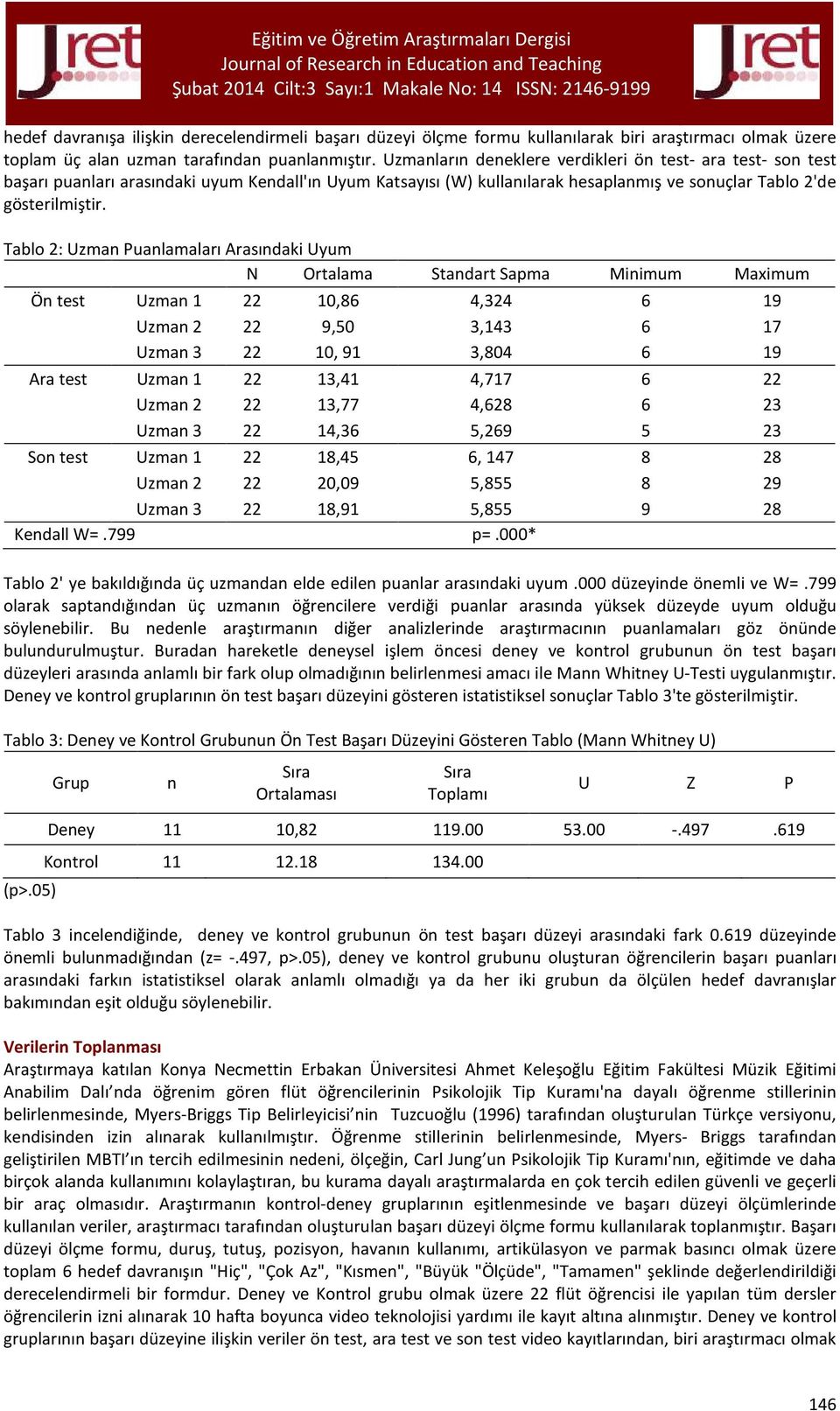 Tablo 2: Uzman Puanlamaları Arasındaki Uyum N Ortalama Standart Sapma Minimum Maximum Ön test Uzman 1 22 10,86 4,324 6 19 Uzman 2 22 9,50 3,143 6 17 Uzman 3 22 10, 91 3,804 6 19 Ara test Uzman 1 22