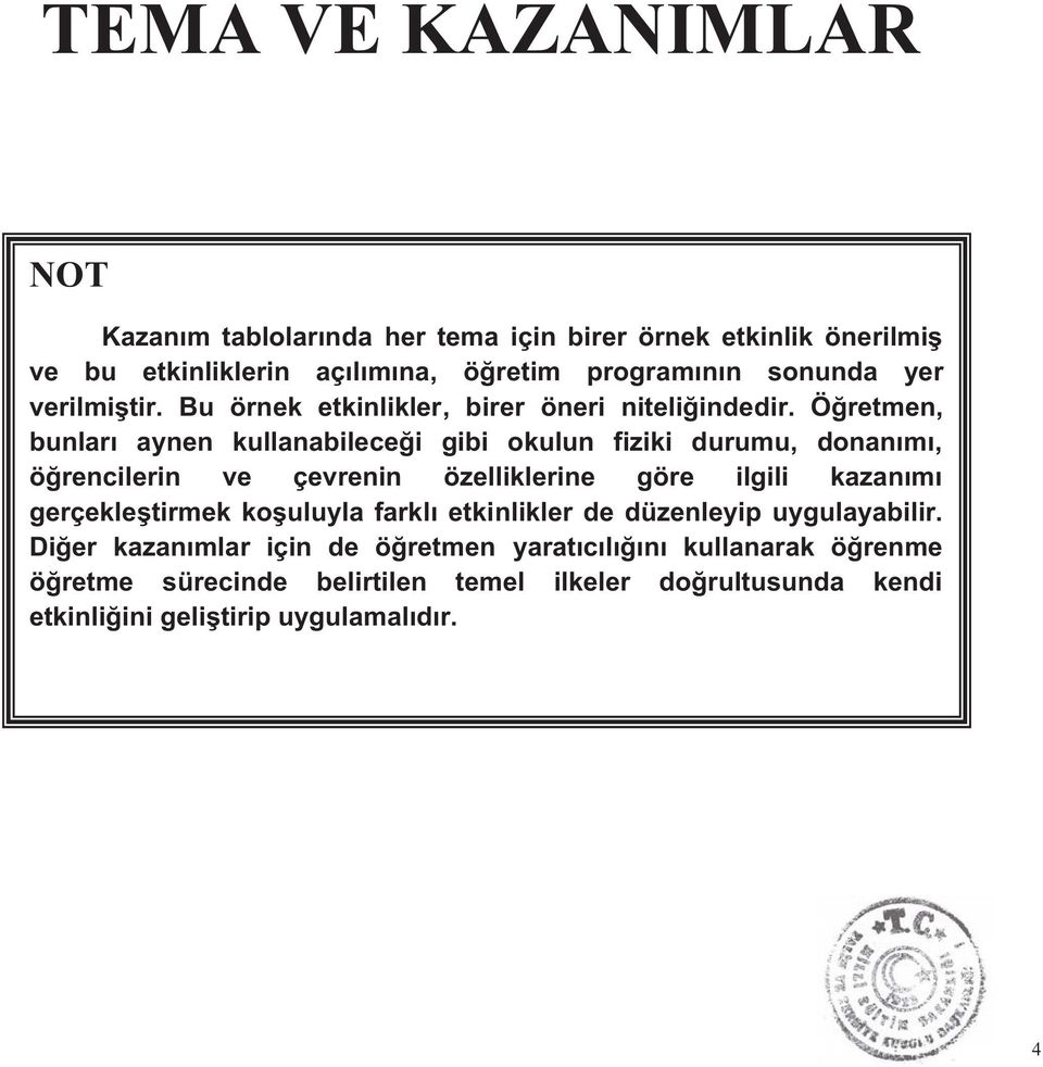 Öğretmen, bunları aynen kullanabileceği gibi okulun fiziki durumu, donanımı, öğrencilerin ve çevrenin özelliklerine göre ilgili kazanımı