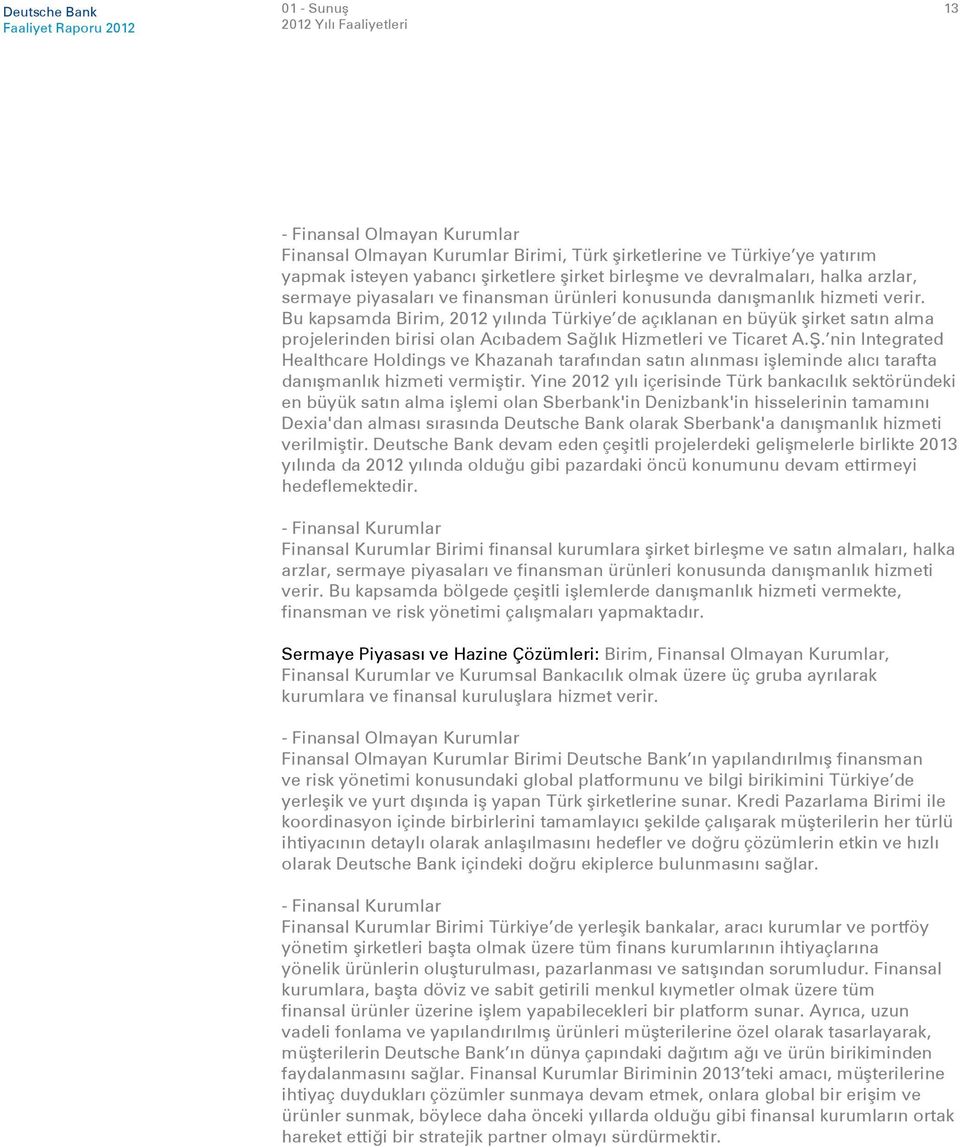 Bu kapsamda Birim, 2012 yılında Türkiye de açıklanan en büyük şirket satın alma projelerinden birisi olan Acıbadem Sağlık Hizmetleri ve Ticaret A.Ş.