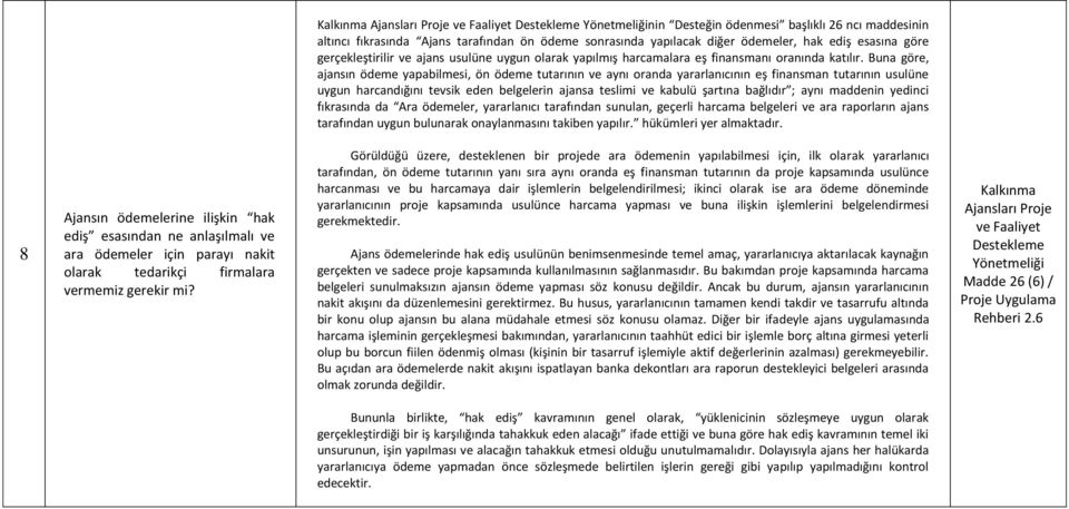 Buna göre, ajansın ödeme yapabilmesi, ön ödeme tutarının ve aynı oranda yararlanıcının eş finansman tutarının usulüne uygun harcandığını tevsik eden belgelerin ajansa teslimi ve kabulü şartına