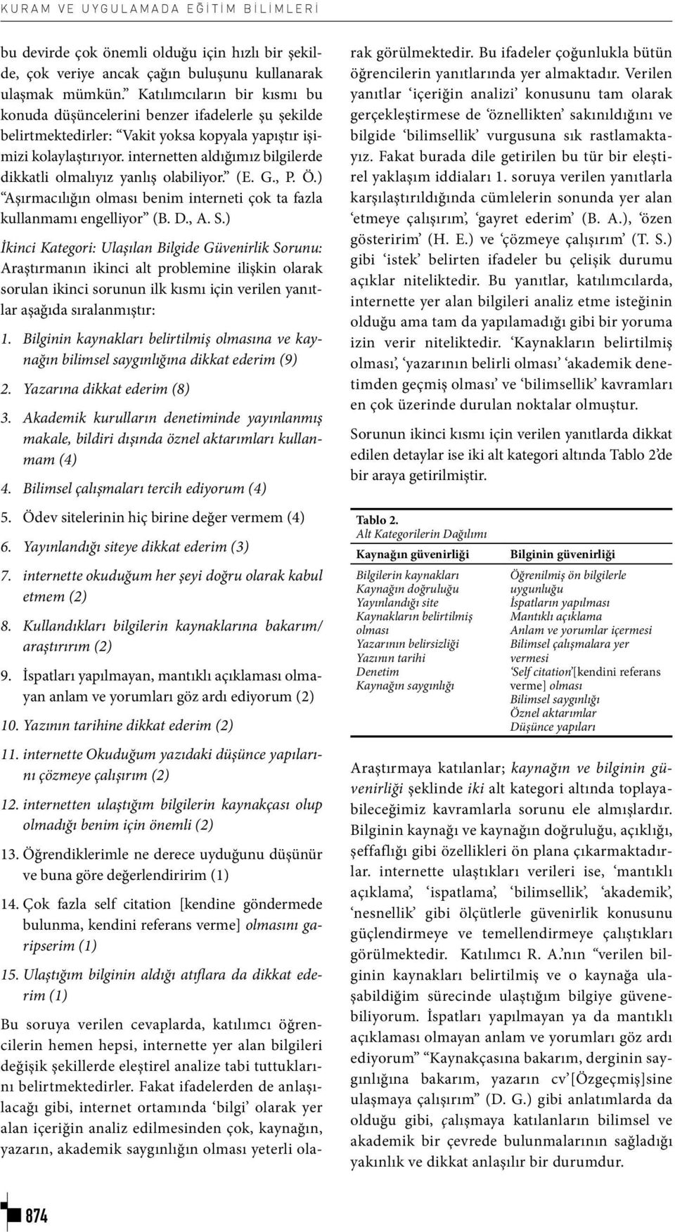 internetten aldığımız bilgilerde dikkatli olmalıyız yanlış olabiliyor. (E. G., P. Ö.) Aşırmacılığın olması benim interneti çok ta fazla kullanmamı engelliyor (B. D., A. S.