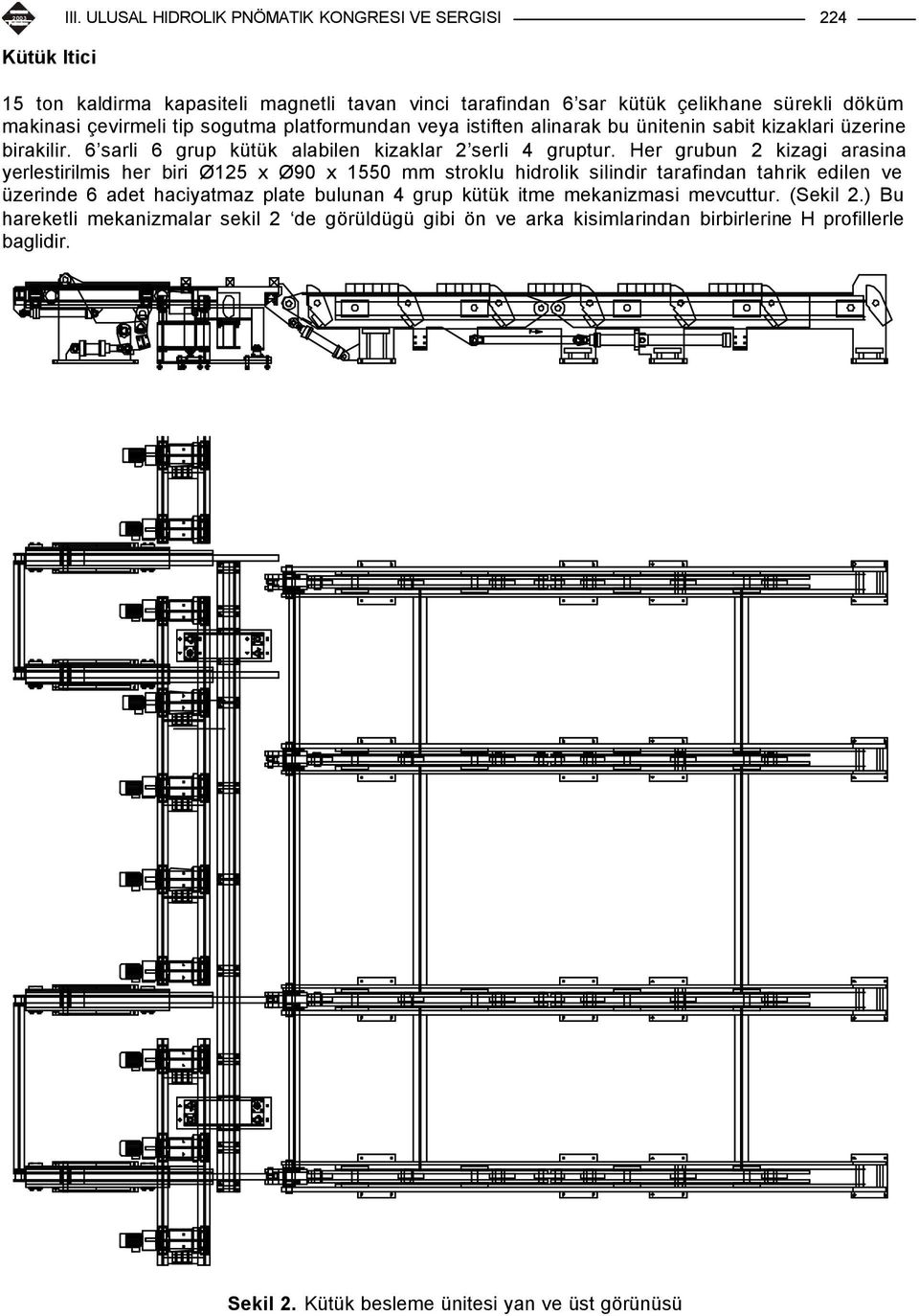 Her grubun 2 kizagi arasina yerlestirilmis her biri Ø125 x Ø90 x 1550 mm stroklu hidrolik silindir tarafindan tahrik edilen ve üzerinde 6 adet haciyatmaz plate bulunan 4 grup