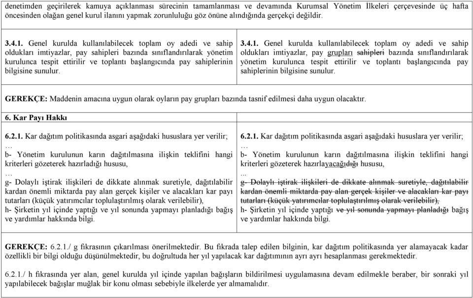 Genel kurulda kullanılabilecek toplam oy adedi ve sahip oldukları imtiyazlar, pay sahipleri bazında sınıflandırılarak yönetim kurulunca tespit ettirilir ve toplantı başlangıcında pay sahiplerinin