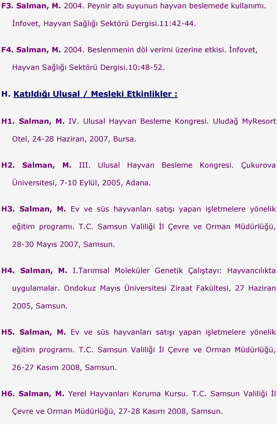 Salman, M. III. Ulusal Hayvan Besleme Kongresi. Çukurova Üniversitesi, 7-10 Eylül, 2005, Adana. H3. Salman, M. Ev ve süs hayvanları satışı yapan işletmelere yönelik eğitim programı. T.C.