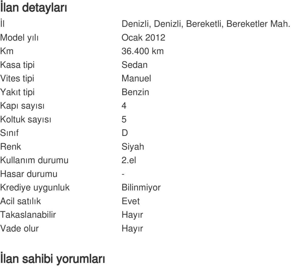 400 km Kasa tipi Sedan Vites tipi Manuel Yakıt tipi Benzin Kapı sayısı 4 Koltuk