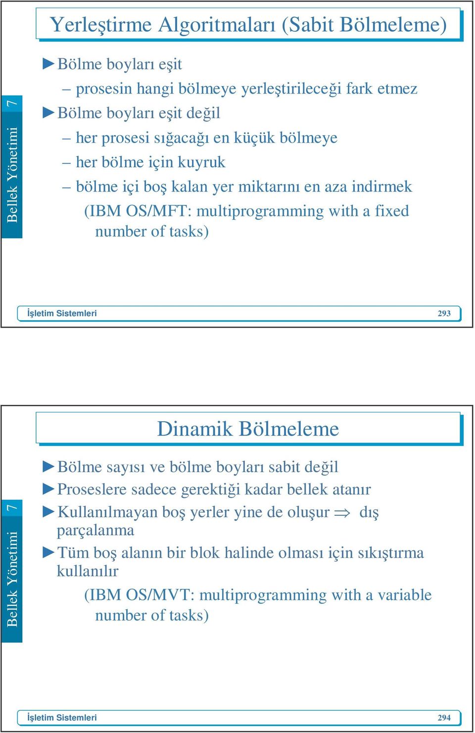 tasks) 293 Dinamik Bölmeleme Bölme sayısı ve bölme boyları sabit değil Proseslere sadece gerektiği kadar bellek atanır Kullanılmayan boş yerler yine de