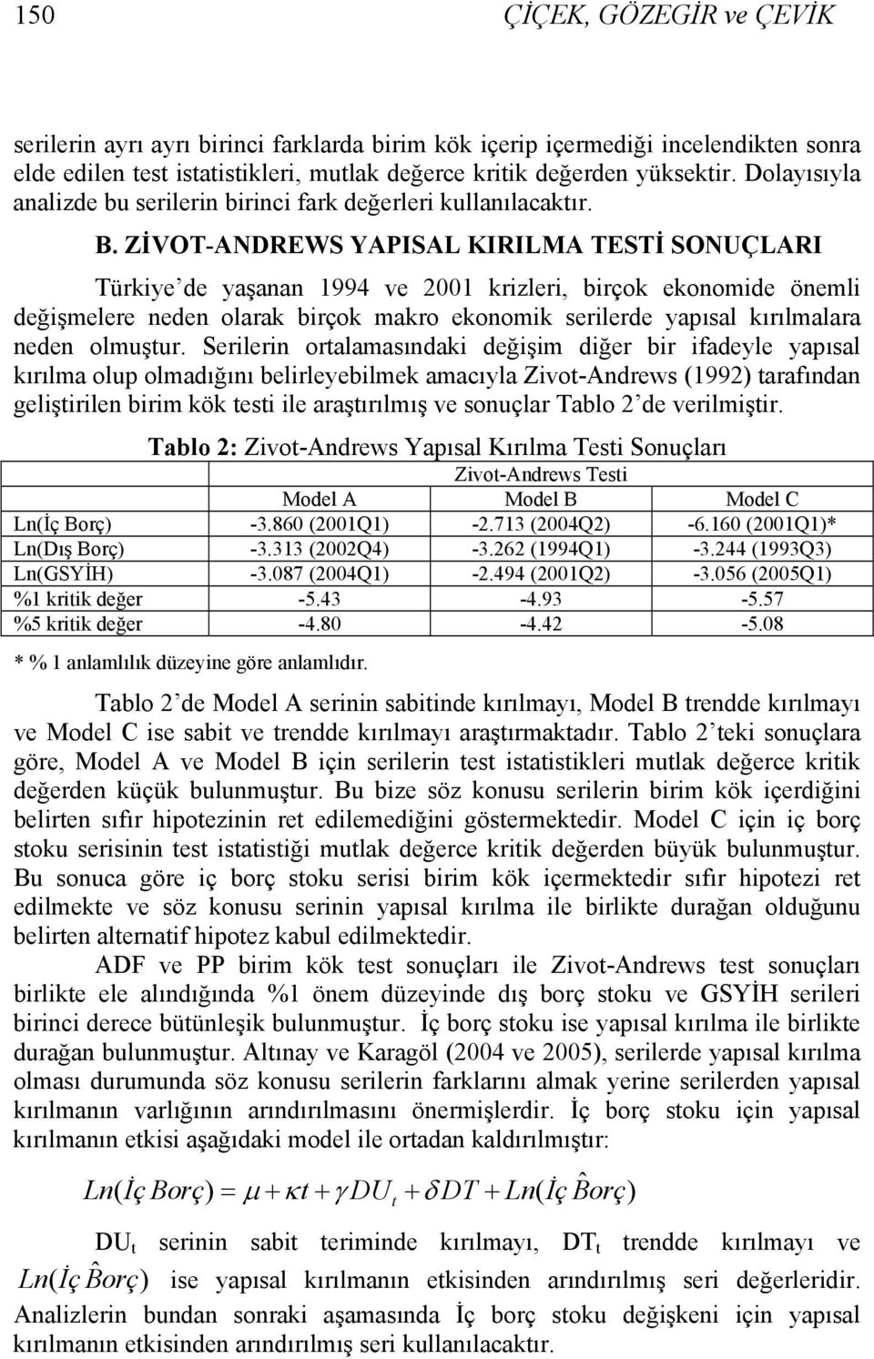 ZİVOT-ANDREWS YAPISAL KIRILMA TESTİ SONUÇLARI Türkiye de yaşanan 1994 ve 2001 krizleri, birçok ekonomide önemli değişmelere neden olarak birçok makro ekonomik serilerde yapısal kırılmalara neden